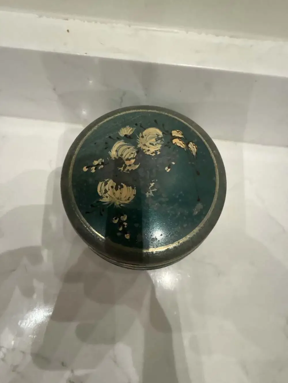 Vintage Hand-Painted Floral Metal Musical Trinket Box with Footed Base
